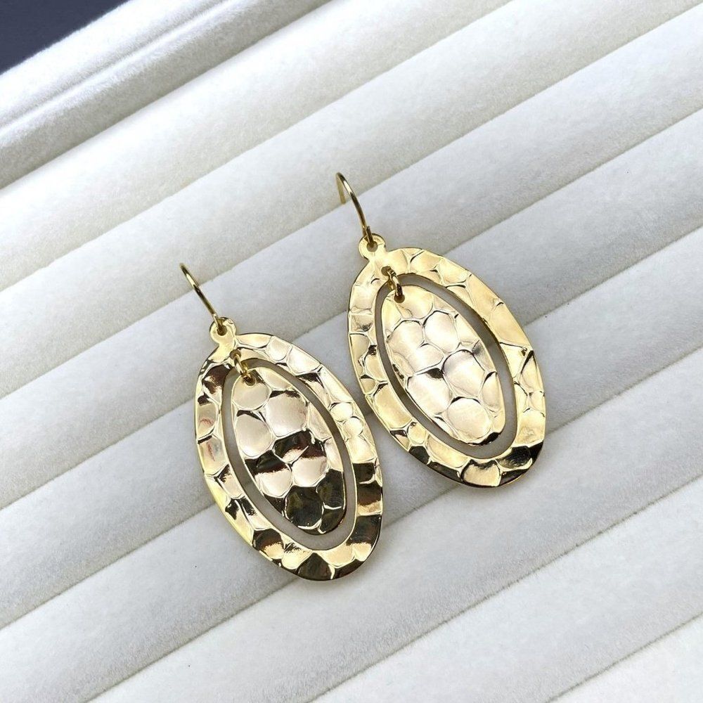 Yellow Gold Hammered Double Oval Shiny Dangling Drop Hook Earrings - Picture 5 of 8